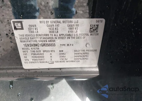 2016 Chevrolet Tahoe Lt from USA, damaged, VIN 1GNSKBKC1GR356833